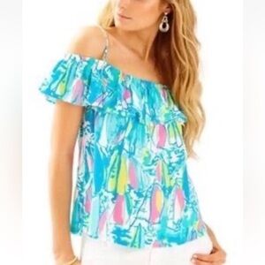 Lilly Pulitzer Tamiami Off the Shoulder Ruffle Accent Top Beach Bae Sailboat M